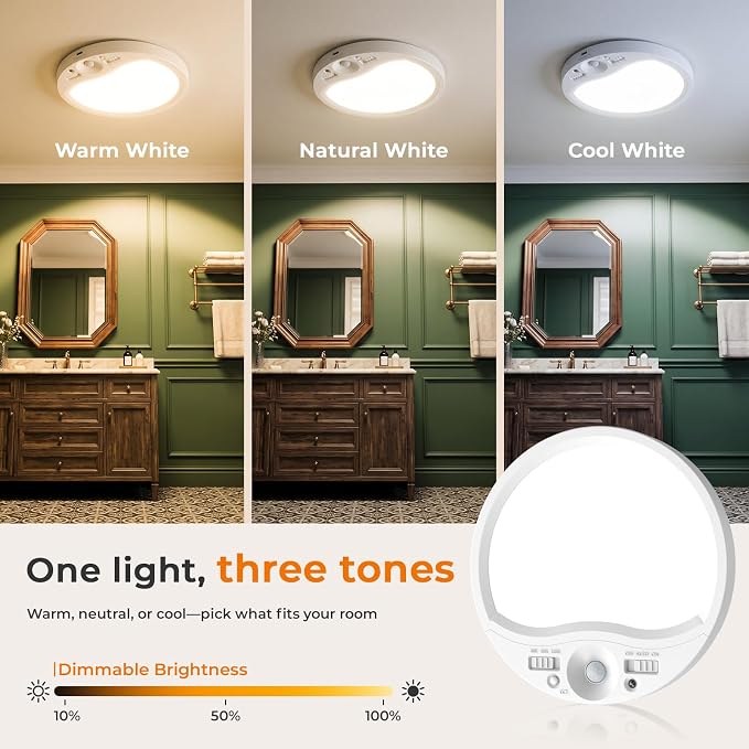 TANBABY Rechargeable Motion Sensor Ceiling Light Indoor with Remote, 4 Pack | Wireless LED Shower Light, 8000mAh Battery Long Lasting Closet Light, 3 Color Dimmable, Timer, No Wiring for Hallway Pantry