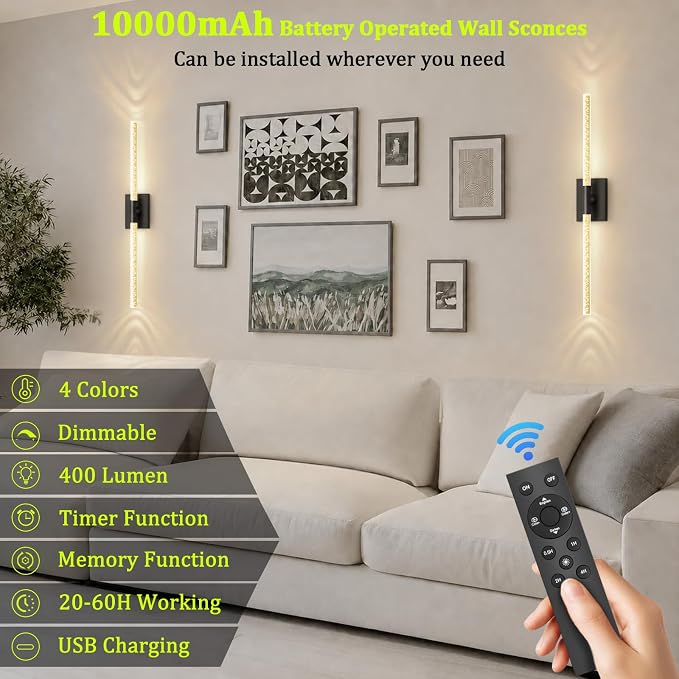 Crystal Bubble Wall Sconces Set of 2, Black 10000mAh Rechargeable | Wireless Lights with Remote & 360° Rotate, 4 Color Temps Dimmable, 31.5" Wall Lamp for Bedroom Living Room Mirror