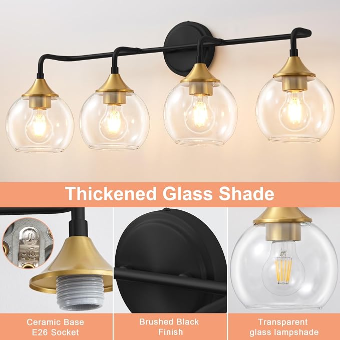 Bathroom Vanity Light 4-Light Black and Gold Vanity Lights 31" | Farmhouse Vanity Lighting Fixtures Over Mirror, Thickened Clear Glass Shade, UL E26 Dimmable Vanity Light Fixtures