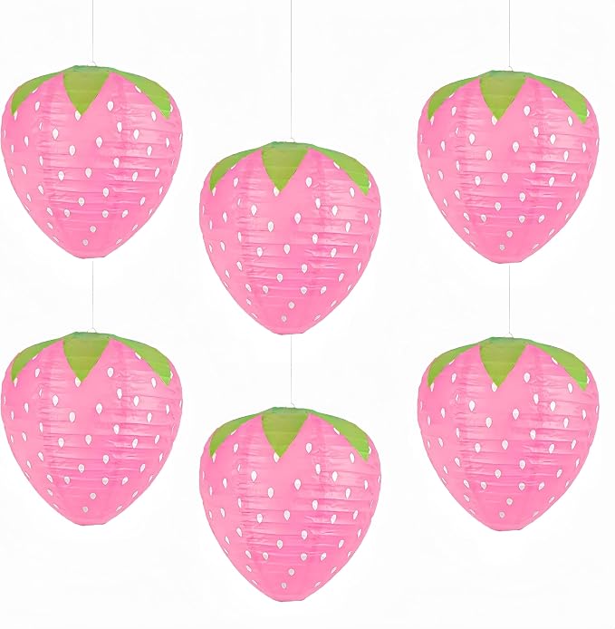 6PCS Strawberry Paper Lanterns, Strawberry Hanging Paper Lantern Decorations Strawberry Decoration Hanging for Room Birthday Party Wedding Garden Decor - 8 Inch Pink