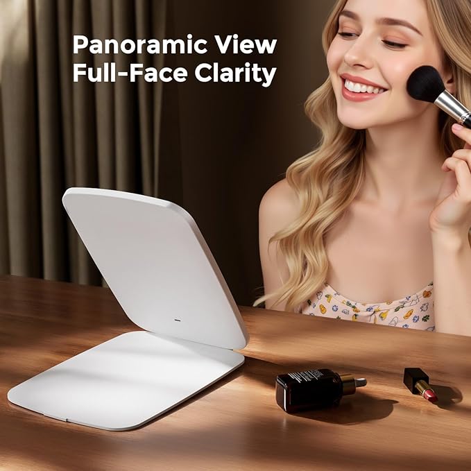 Rechargeable Folding Makeup Mirror with LED Lights, 10" x 7" Large Travel Mirror, 3 Lighting Modes, 2000mAh Battery & Magnetic Closure