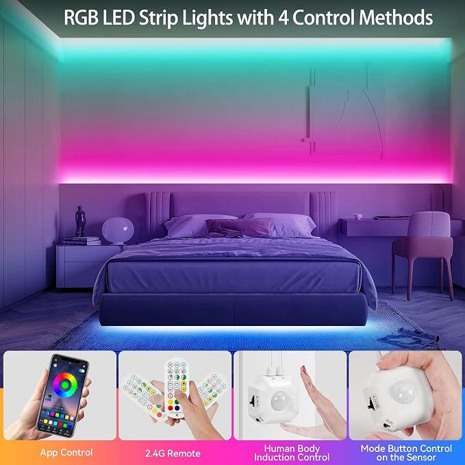 Under Bed Lights Motion Sensor RGB LED Strip Night Lighting, 2-Pack 9.8Ft | Motion Activated, RGB Color Changing LED Strips, Remote, App Control, Music Sync, USB Powered for Indoor Cabinet Stair Closet