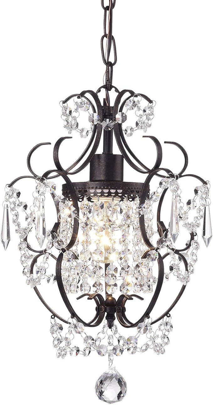 Edvivi Amorette Mini Chandelier Crystal, 1 Light Modern Elegant Glam Ceiling Light Fixture Antique Bronze, Adjustable Hanging Lighting for Closet, Bedroom, Girls Room, Kitchen Island