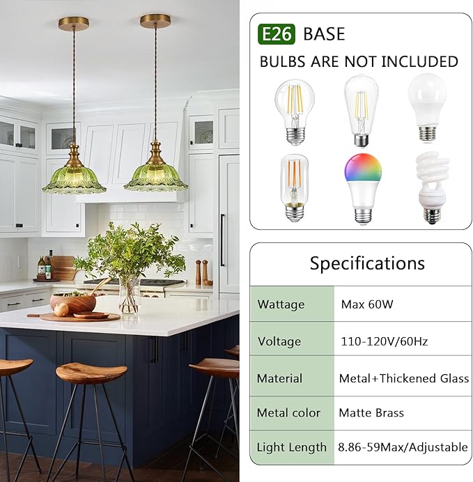 HDDFL Glass Pendant Lights Modern Pendant Lighting Fixtures Hanging Lamp for Kitchen Island Bedroom Dining Room Coffee Shop Hallway Green and Brass