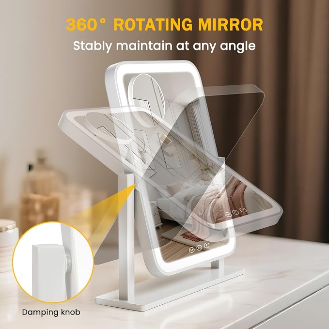 Vanity Mirror with Lights 12.6"x 16.2", LED Makeup Mirror, 3 Color Lighting Modes, 10X Magnification, Smart Touch Control, Dimmable, Aluminum Metal Frame, Lighted Up for Vanity Desk (White)