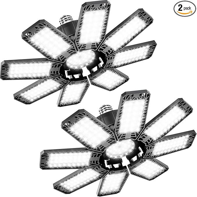 Garage Light 2 Pack - 240W 24000LM 6500K Garage Lights Ceiling LED with 8+1 Deformable Panels, E26/E27 Screw Socket in LED Shop Light for Workshop, Basement, Gym, Barn, Warehouse etc Bay Lighting