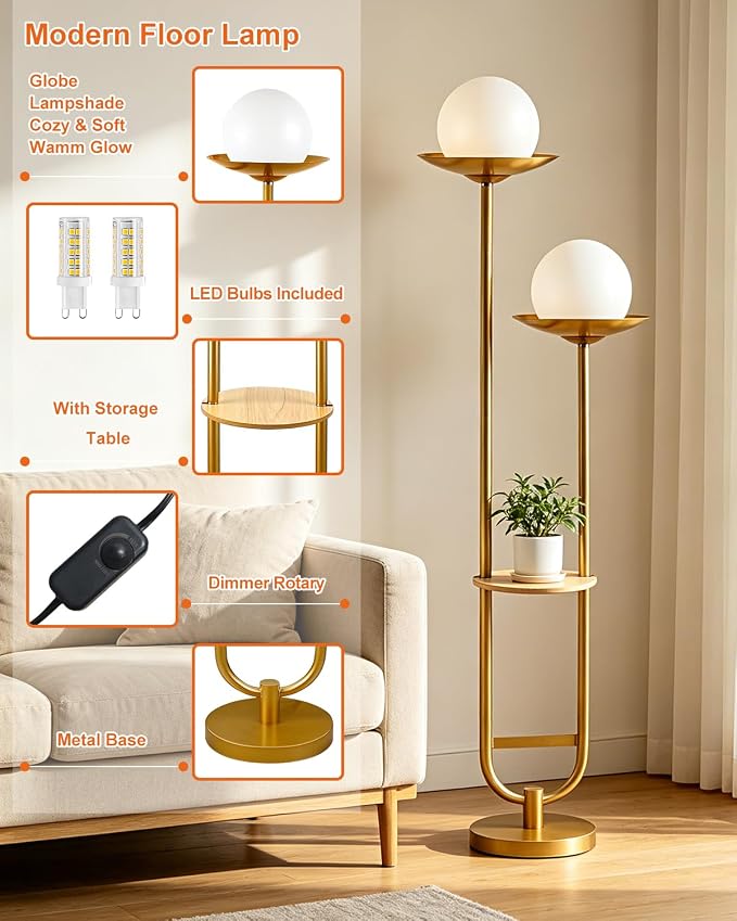 Lightdot 63IN 2 Globe Gold Floor Lamp Mid Century Standing Lamps Dimmable with 3000K Warm White LED Bulbs Unique Vintage Tall Floor Lamp with 5Lbs Heavy Base for Living Room/Wedding/Party