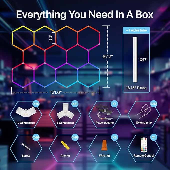 HYPERLITE Hexagon Garage Lights: Gen IV-11 Grid RGB Hexagon LED Lights with Music Sync Mode, App & Remote Control, Multi-Color Honeycomb Light for Gaming Room, Gym, Garage