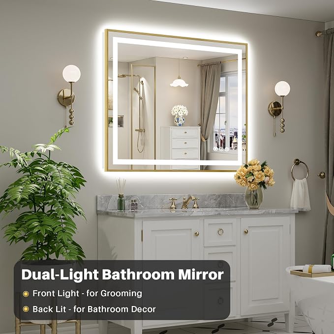 48x40 Inch LED Bathroom Mirror with Gold Frame, Backlit & Front Lit | Anti-fog, 3 Color Dimmable, Memory Function, HD Reflection Tempered Glass, ETL Listed, IP54 Waterproof