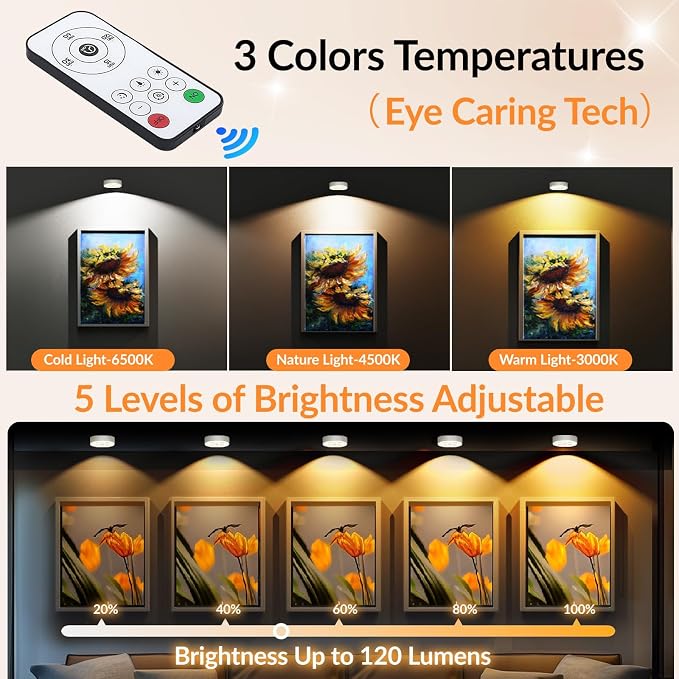 Under Cabinet Lighting, 1500mAh Rechargeable Motion Sensor Puck Lights with Remote, 3 Color Temper, Magnetic Stick on Light, Dimmable Under Counter Lights for Kitchen, Shelf, Stair(6P)