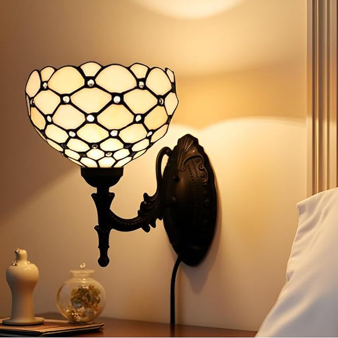 Tiffany Sconce Lamp Stained Glass Wall Lamp,8X10.5X11 Inch Plug in Wall Bedside Light for Hallway Bedroom (Cream Bead)
