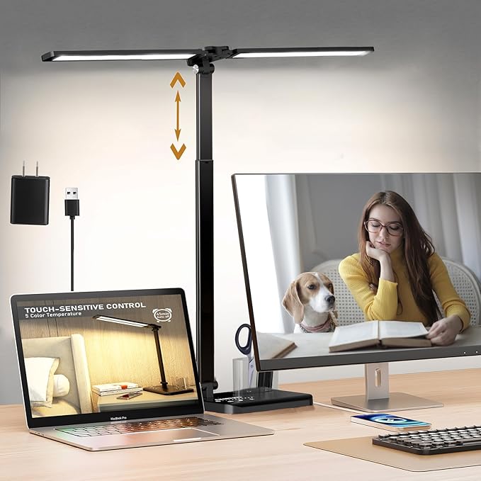 Retractable Dimmable LED Desk Lamp with USB Charging Port Desk Light | Height Adjustable 50 Lighting Modes Dual Swing Arm Architect Adjustable Table Lamp Light for Home Office Dorm Nail, Black