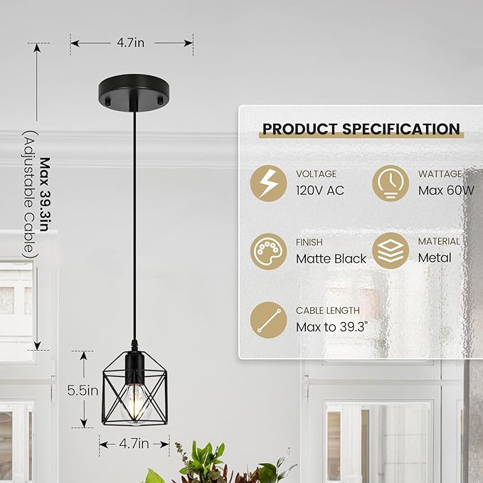 1-Light Hanging Pendant Light Fixture, Black Pendant Lights Kitchen Island, Farmhouse Pendant Lighting with Bedroom Dining Room, E26 Base, Bulbs Not Included, 3 Packs