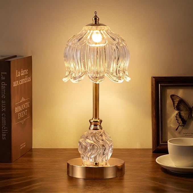 Flower Battery Operated Rechargeable Lamp Cordless, Lily, Clear | Small, Vintage, Gold, Wireless, LED, Dimmable, Table, Home Decor, Bedroom, Bedside, Nightstand, Birthday Gifts for Women