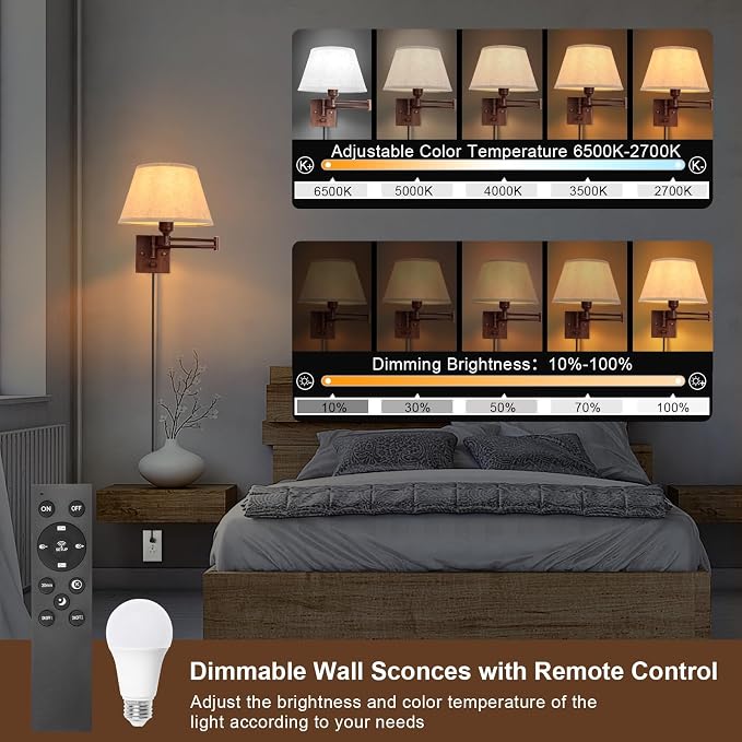 TRLIFE Wall Sconce Plug in, Remote Control Dimming 10-100% and Adjustable Color Temperature 2700K-6500K Swing Arm Wall Lights with Plug in Cord, 11.8" Large Beige Fabric Shade(2 Pack, Walnut Color)