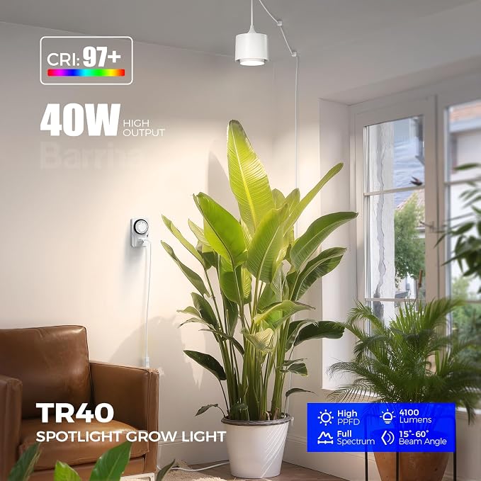 Barrina TR40 Hanging Plant Lights for Indoor Plant, 40W 4000K Full Spectrum | Adjustable Beam Angle 15°-60°, Hanging Grow Light with Mechanical Timer and 16.4FT Power Cord, for Garden Greenhouse, White