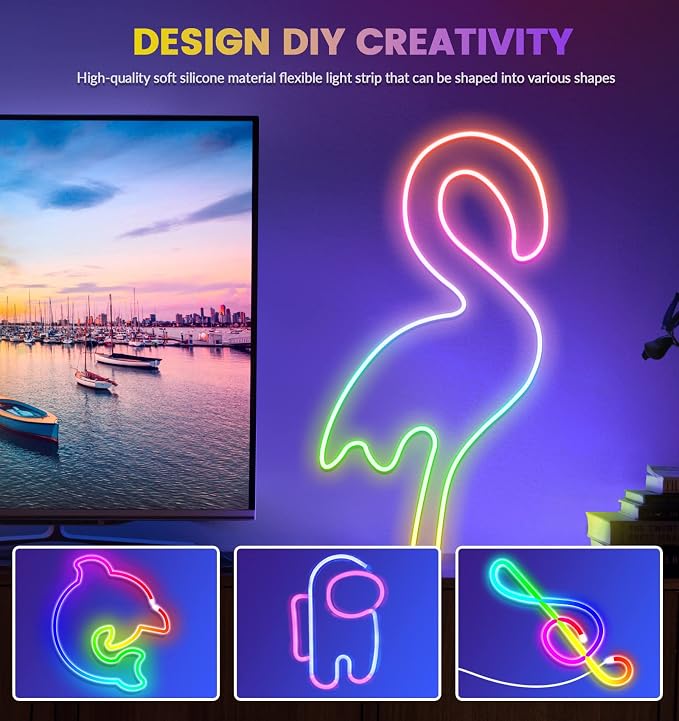 KJOY LED Strip Neon Flexible Rope Light, 11FT/3.5M RGB Neon Rope Lights with App & Remote Control, 12V Cuttable Silicone DIY Creative Rope Lighting Flex Rope for Bedroom Dormitory Kids Room Decor