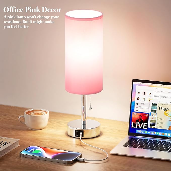 Pink Bedside Table Lamp for Bedroom - Small Nightstand Lamp for Girls | 3 Color Temp, USB A+C Ports, LED Bulb Included, Soft Pink Fabric Shade, Sleek Silver Metal Base, 14" Desk Lamp for Kids Dorm