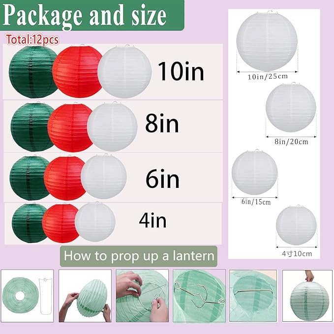 Red White Green Paper Lanterns Christmas Decorations, 12-Pack Hanging Round Paper Lanterns Decorative for Graduation Baby Shower Wedding Monsters Inc Birthday Family Parties ﻿