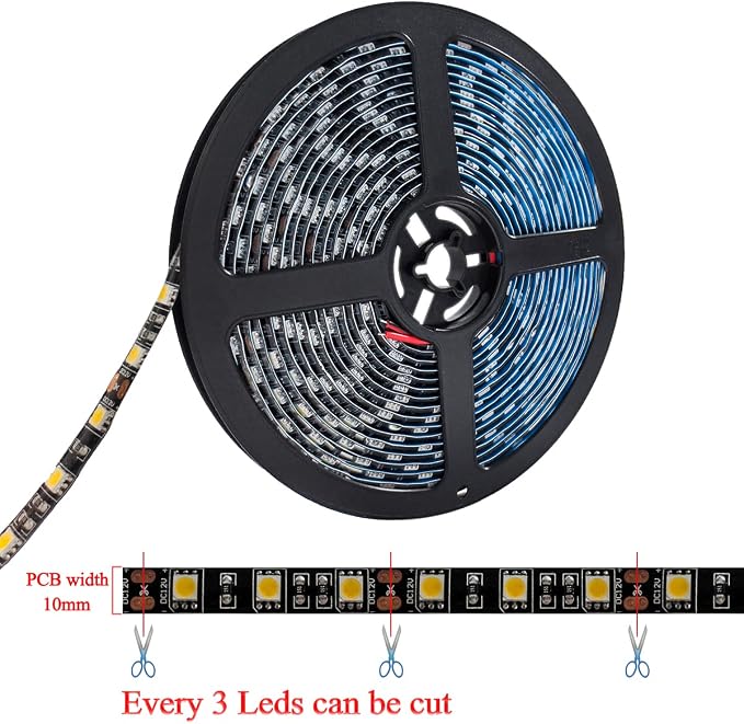 12V LED Strip Light, Warm White 3000K 16.4ft LED Light Strip Black PCB Board SMD 5050 IP65 Waterproof 300 LEDs LED Tape LED Rope Lights for Bedroom, Kitchen Decoration