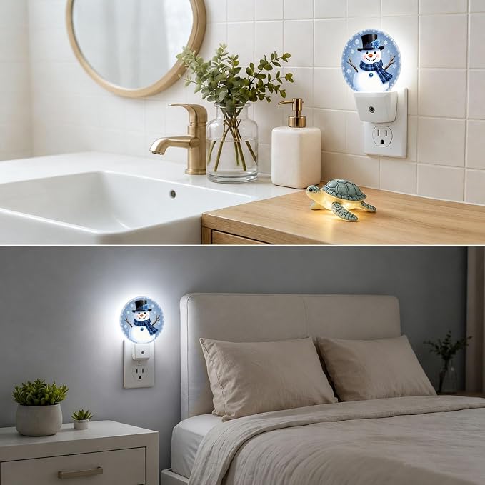 Night Lights Plug into Wall Blue Snowman Night Light Energy Saving LED | Winter Plug in Night Lights for Wall Socket with Dusk-to-Dawn Sensor for Bedroom, Bathroom and Living Room