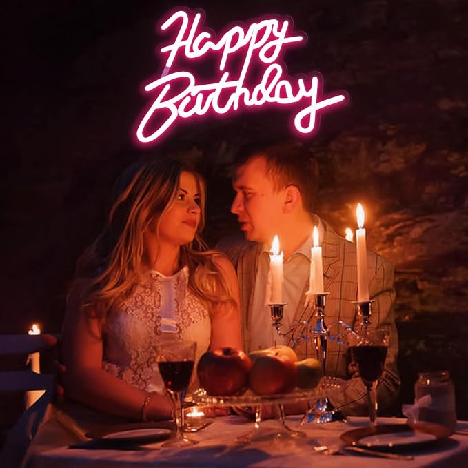 Happy Birthday Neon Sign for Wall Party Decor, LED Happy Birthday Light up Sign for Backdrop, 16"x 11" USB Powered 10 Brightness Settings Light up Signs Party Decorations Backdrop, Pink