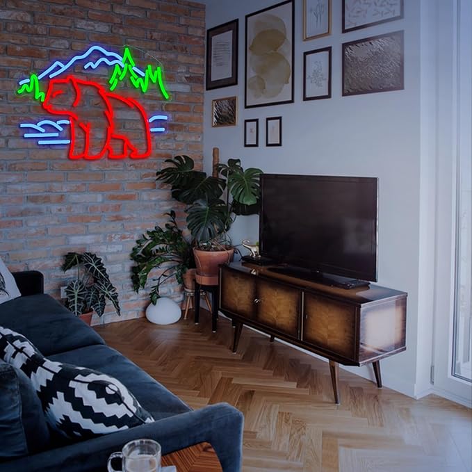 Bear Neon Sign for Wall Decor Dimmable Mountain LED Neon Light Bear Mountains Neon Light Signs Powered by USB for Living Room Hotel Zoo Neon Decor(16.5”*12.6”)