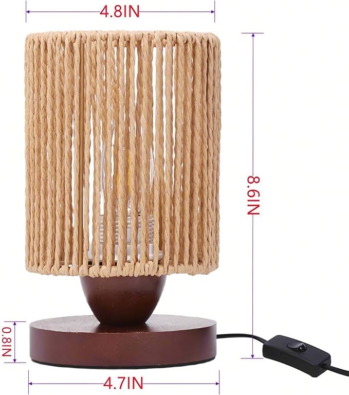 Small Rattan Table Lamp for Bedroom, Boho Bedside Lamp with Warm LED Bulb, Handwoven Wicker Nightstand Lamp for Nursery, Entryway & Dorm, Mini Ambient Night Light with Wood Base (8.6" Tall)