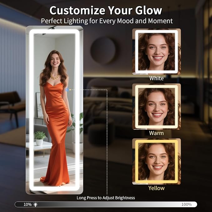 Koonmi Full Length Mirror with LED Lights, 71"x26" Lighted Mirror with Dimming & 3 Color Lighting, Big Mirror for Bedroom, Dressing Room, Rectangle,White