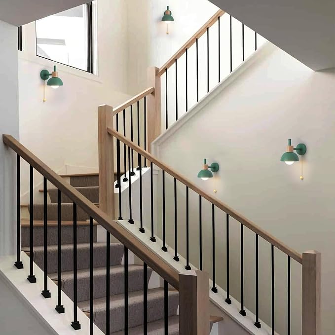 Pull Chain Wall Sconce for Bedroom, Vintage Bedside Wall Lamp with E26 Socket, Wall Lighting for Kids Room Hallway Boys Girls (Green)