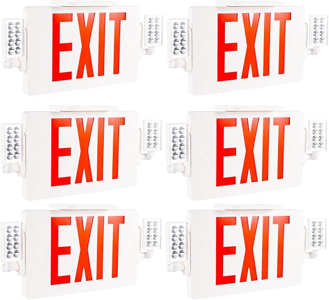 Gruenlich Exit Sign with Emergency Light, Double Face, Battery Backup | Hardwired LED Combo Exit Light for Bussiness, Two Bright and Adjustable Heads, Red, UL 924 and CEC, 120-277 Voltage, 6 Pack