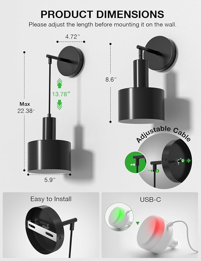 Battery Operated Wall Sconce Set of 2, Black Wireless Rechargeable Wall Lights with 5200mAh Dimmable Detachable Bulbs and Remote, 9 Colors Sconces Wall Decor for Bedroom Living Room Hallway
