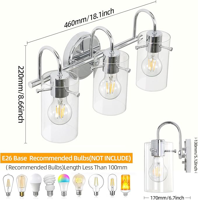 3 Lights Vanity Light, Polished Chrome Bathroom Wall Light Fixture Over Mirror, Modern Wall Sconce with Clear Glass Shade, Farmhouse Mount Lamp for Washroom, Living Room, Workshop