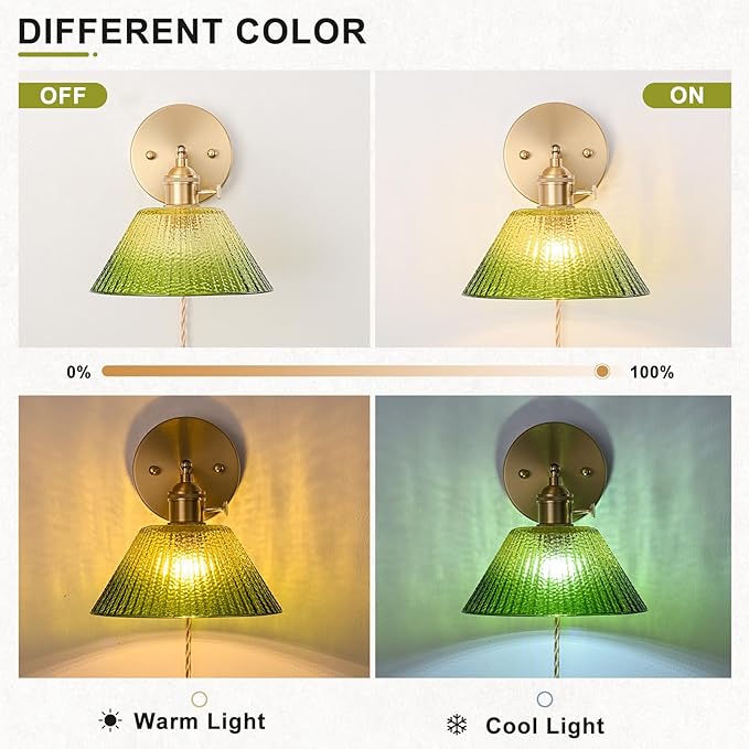 Plug in Wall Sconce, Vintage Sconce Light with Gradient Green Glass Lampshade, Bedside Wall Sconce with Switch and Plug in Wall Lamp Cord, Gold Wall Light for Bedroom