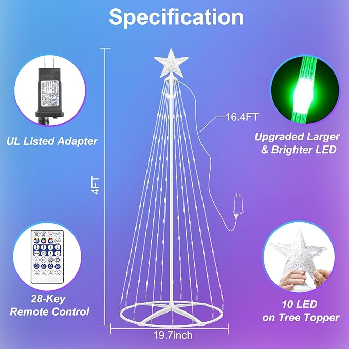 4FT Smart LED Christmas Cone Tree Light, Prelit Christmas Tree Lights with App & Remote, DIY, Color Changing, Music Sync, Waterproof Outdoor Lighted Christmas Tree for Yard Porch Xmas Decoration