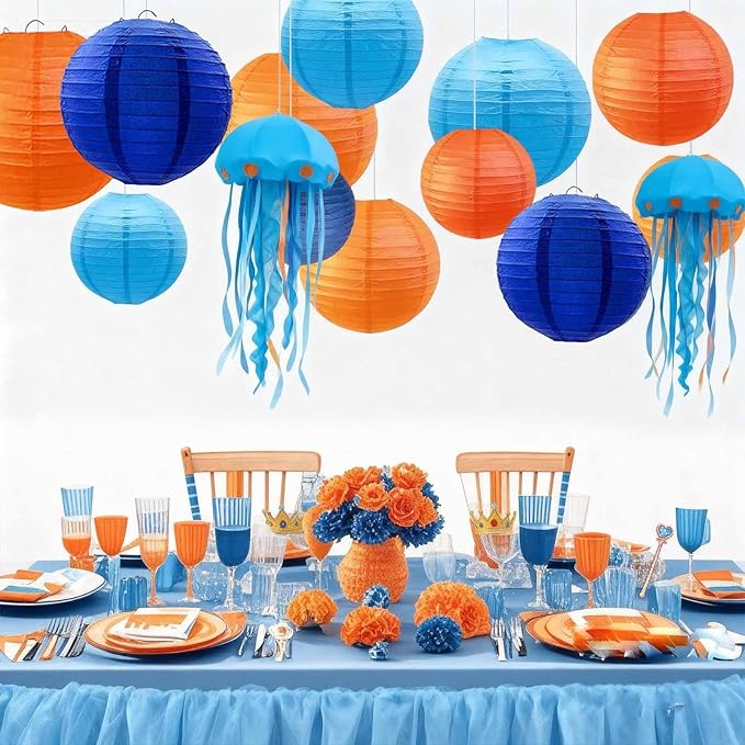 Blue Orange and Navy Blue Paper Lanterns 12Pcs Hanging Round Paper Lanterns Decorative for Graduation Baby Shower Wedding Birthday Family Parties ﻿