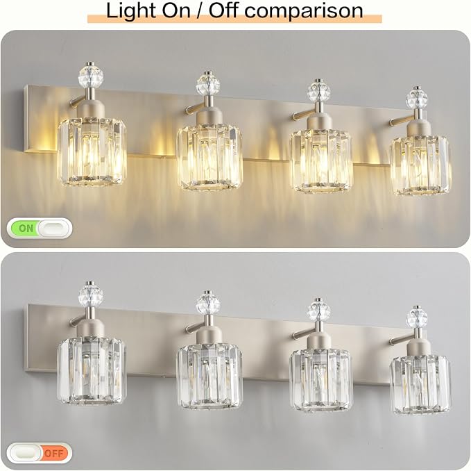 PRESDE 4-Light Brushed Nickel Vanity Light,Crystal Modern Bathroom Light Over Mirror,Wall Lighting Over Mirror Fixture