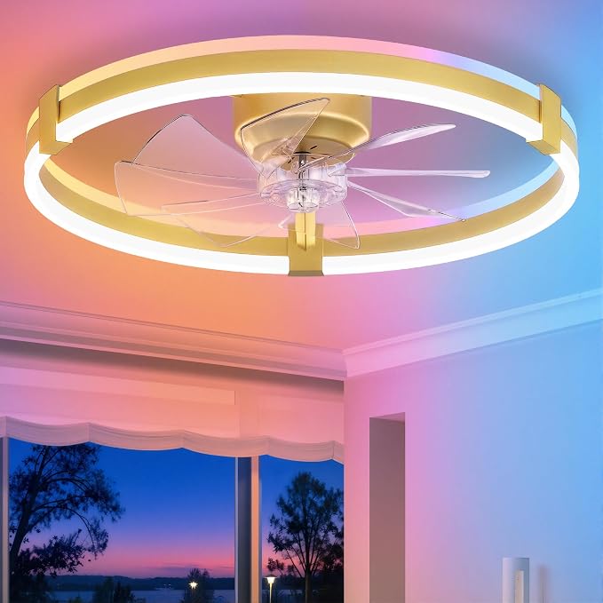 ZMISHIBO 23" RGB Low Profile Ceiling Fans with Lights and Remote, Gold | Custom RGB+3CCT Dimmable, 6 Speeds, Remote/App Control, Reversible DC Motor, Memory, Timer, Modern Fandelier for Kids/Bedroom
