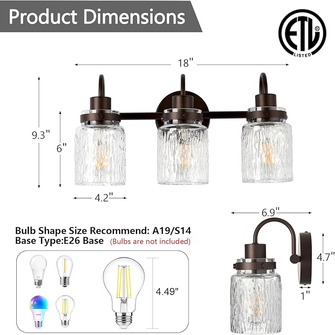 3 Lights Hammered Glass Bathroom Vanity Light, Oil Rubbed Bronze | Easy Installation,Up or Down,Farmhouse Modern Style,E26 Socket,ETL Certification