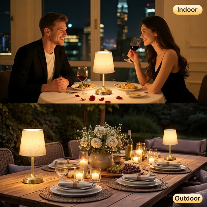 Wowag Small Cordless Table Lamp Rechargeable,5000mAh Battery Operated Desk Lamp,3 Colors & 7 RGB Stepless Dimmable,Touch Ambient Light for Bedside,Bedroom,Dining Room,Living Room,Gold,FlaxenShade