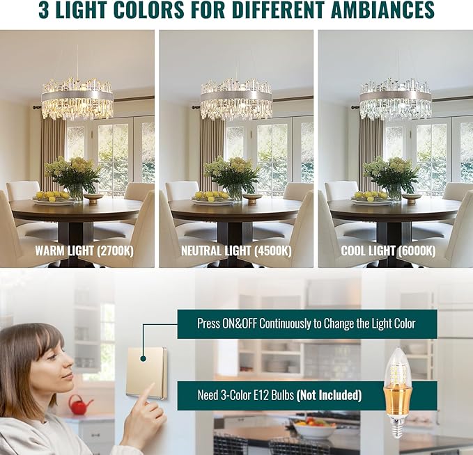 Siljoy Modern Crystal Chandelier, 12-Lights Contemporary 2-Tiers K9 Crystal Raindrop Chandelier Flush Mount Crystal Pendant Ceiling Light Fixture for Dining Living Room Kitchen Island D19.7''