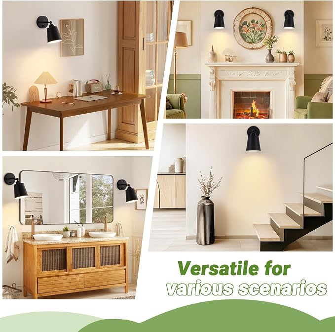 Dimmable Wall Sconces Set of Two, Bedside Wall Mount Lamp with Rotary Switch, Black Bathroom Vanity Lights with Metal Shade, Hardwired Swing Arm Wall Lights for Bedroom Living Room Hallway