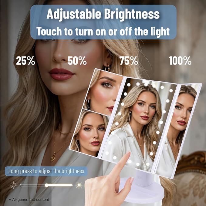 Ms. Pen- Tri-Fold Makeup Mirror Vanity with Lights, 9" x 13.6" | 1X/2X/3X/10X Magnification, 24 LED Touch Screen, Dual Power Supply, 180° Rotation