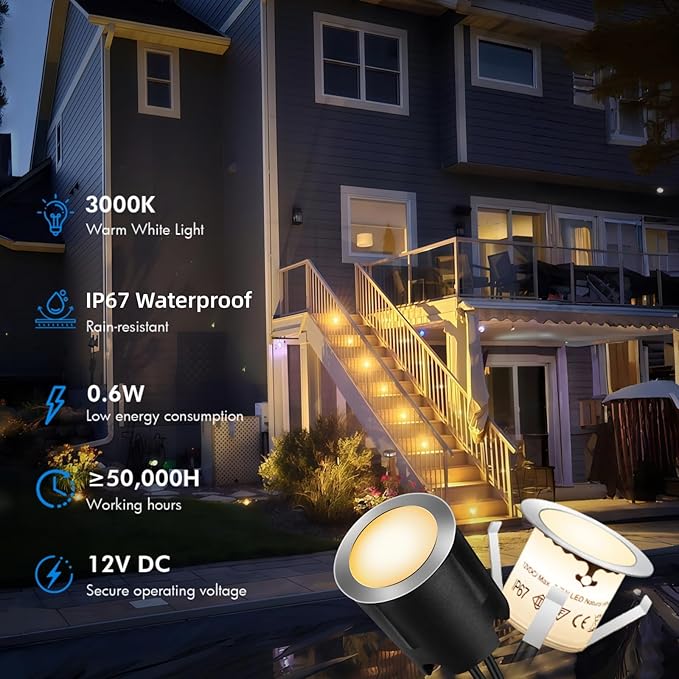 LED Recessed Deck Lights with Protecting Shell, IP68 Waterproof Warm White, 0.6W , Outdoor Landscape Lighting, 12V Low Voltage Deck Lights Kit for Garden Yard Step Riser Stair Decoration, 12 Pack