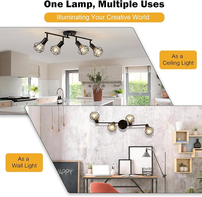 3-Lights Black Track Lighting Fixture Ceiling,Adjustable Semi Flush Mount Ceiling Light Fixture Multi-Directional Rotatable Kitchen Track Lighting Fixtures with Geometric Cages for Dining Room