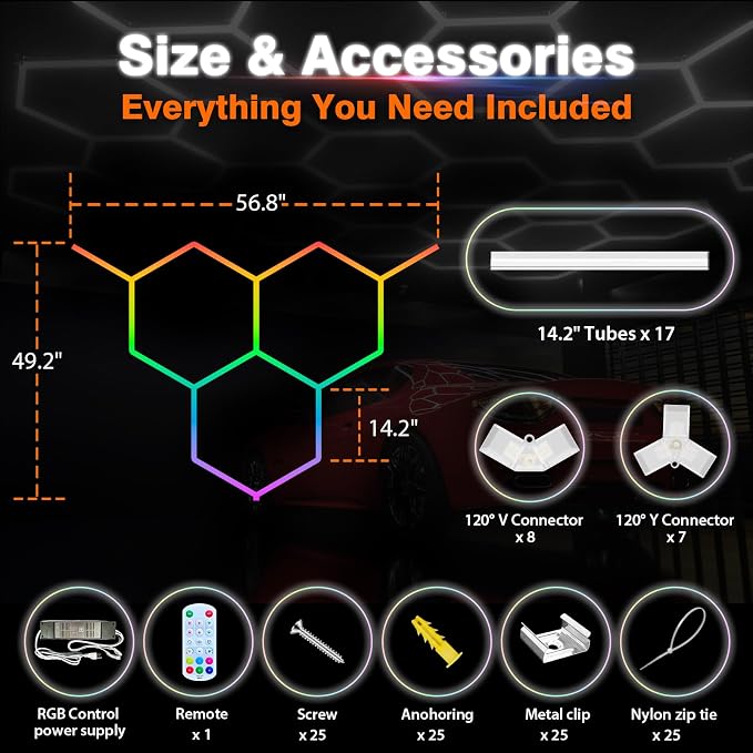 RGB Hexagon Lights 3 Grids, Hexagon Garage Lights with Music Sync Mode, App & Remote Control Honeycomb Lights for Gym Studio Basement Shop Exhibition