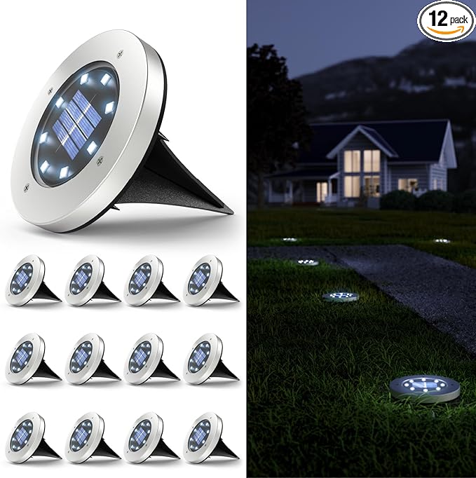 Sunco 12 Pack Outdoor Solar Pathway Lights, Dusk to Dawn, 7000K | Waterproof LED Landscape Stake Lights for Gardens, Yards, Patios and Decks, with Cross-Spike Ground Mount