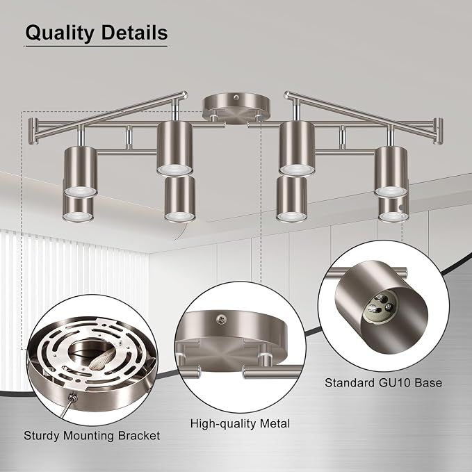 AUQUEE 8 Light Track Lighting Fixtures Ceiling, Brushed Nickel Kichen Track Lighting Fixtures, Rotatable Light Heads, Adjustable Modern LED Track Lights for Kitchen/Hallway, No GU10 Bulb