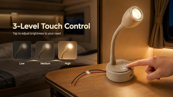 2 Pack 12V RV Reading Light, Flexible Gooseneck LED Wall Lamp with Touch Switch, 4000K Warm White Bedside Spotlight for Camper, Trailer & Boat Interior, PWM Dimmable (External PWM Dimmer Not Included)