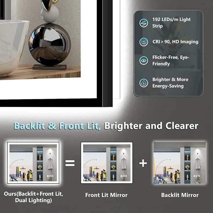 24x36 Black LED Bathroom Mirror, Backlit & Front Lit Lighted Mirror | Metal Framed Anti-Fog Vanity Mirror with Lights, 3 Color Dimmable, Memory, Tempered Glass, CRI95, IP54, Horizontal/Vertical